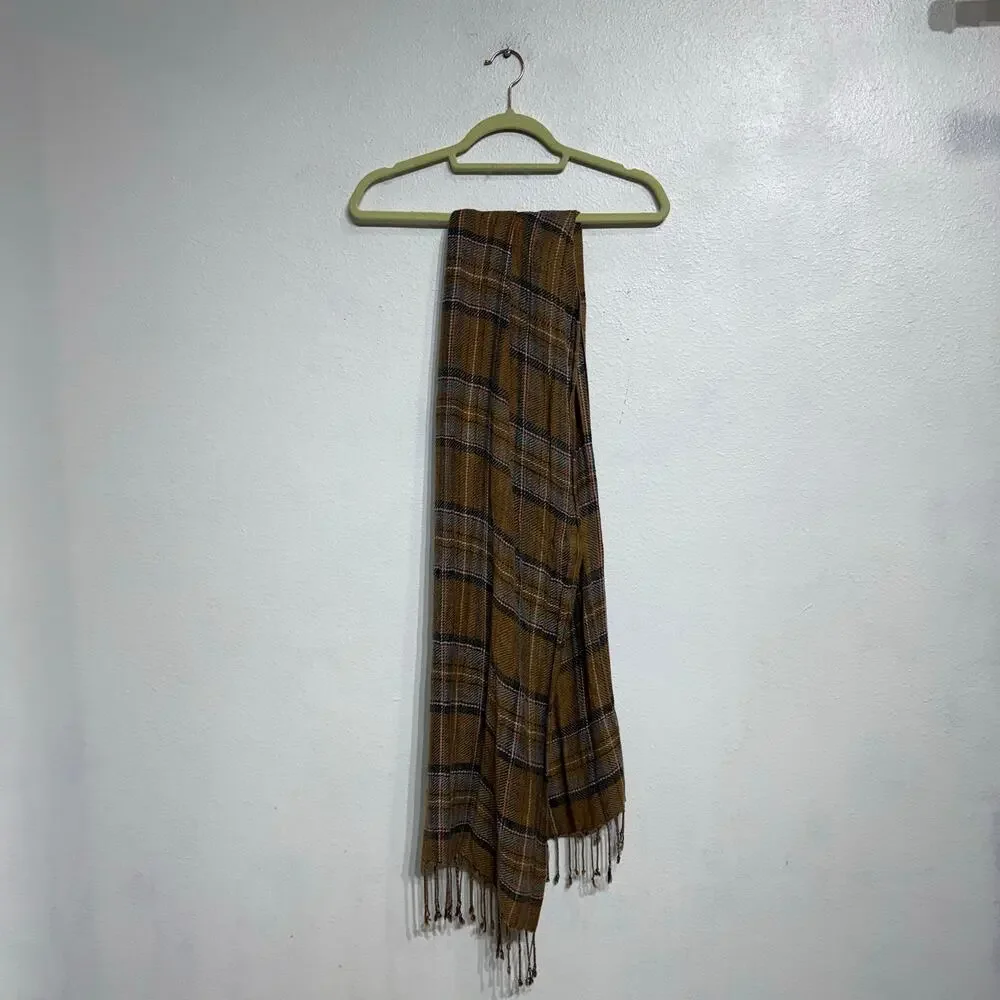 Brown Plaid Fringe Scarf Lightweight Rayon Cozy Fall Classic One Size